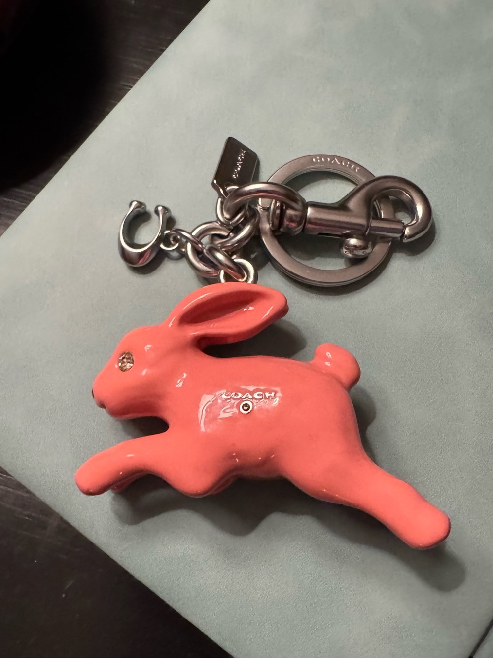 Coach Coral Pink Rabbit Bag Charm with Silver Hardware